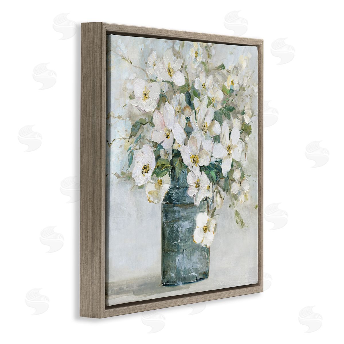 Sally Swatland White Geranium Bouquet Blossoming Flower Arrangement Vase Brown Floating Frame Canvas Wall Art Print