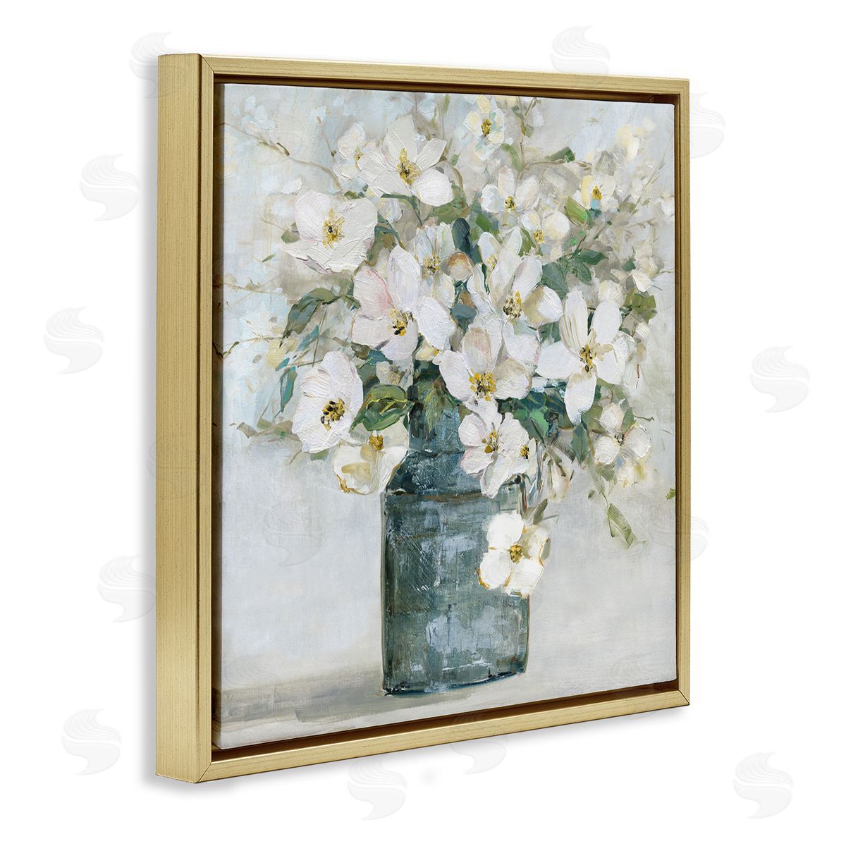 Sally Swatland White Geranium Bouquet Blossoming Flower Arrangement Vase Gold Floating Frame Canvas Wall Art Print