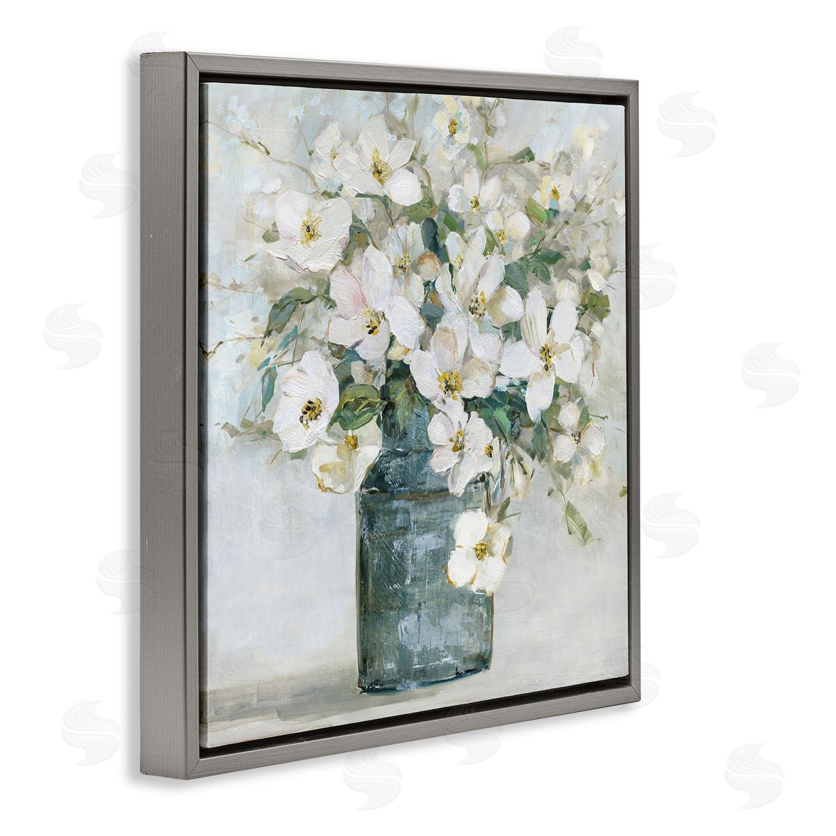 Sally Swatland White Geranium Bouquet Blossoming Flower Arrangement Vase Gray Floating Frame Canvas Wall Art Print