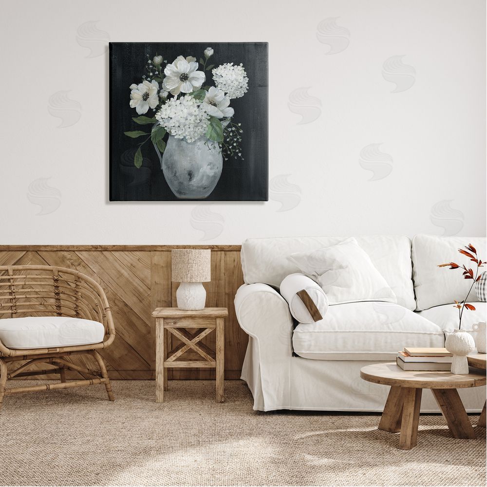 Nan Classic Flower Arrangement White Varied Hanging Petals Canvas Wall Art in Room