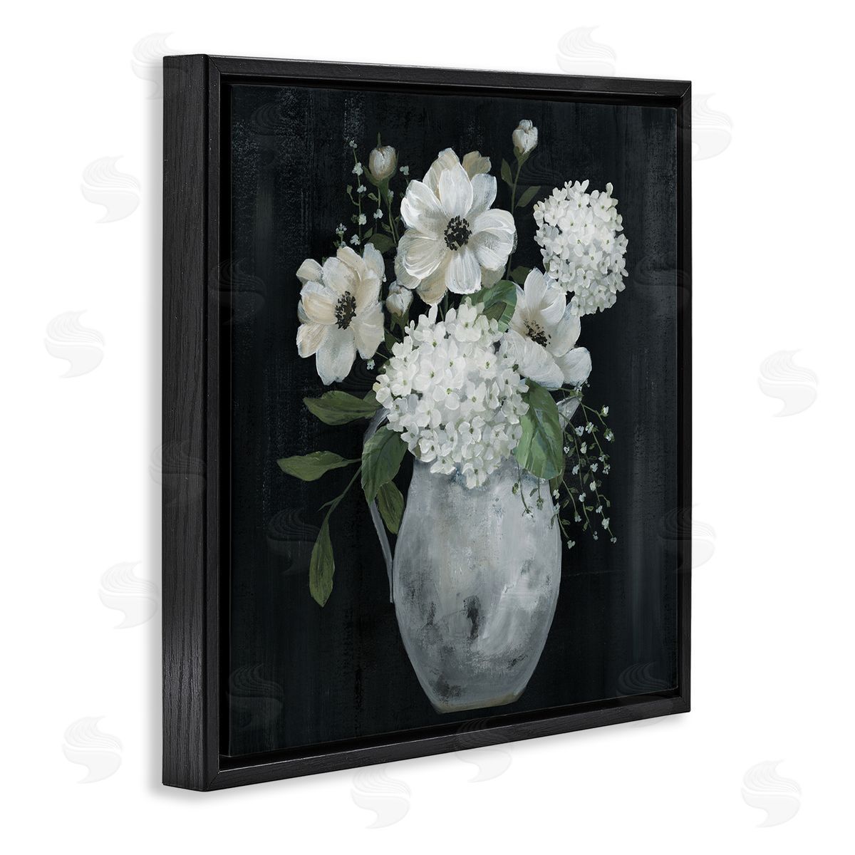 Nan Classic Flower Arrangement White Varied Hanging Petals Black Floating Frame Canvas Wall Art Print