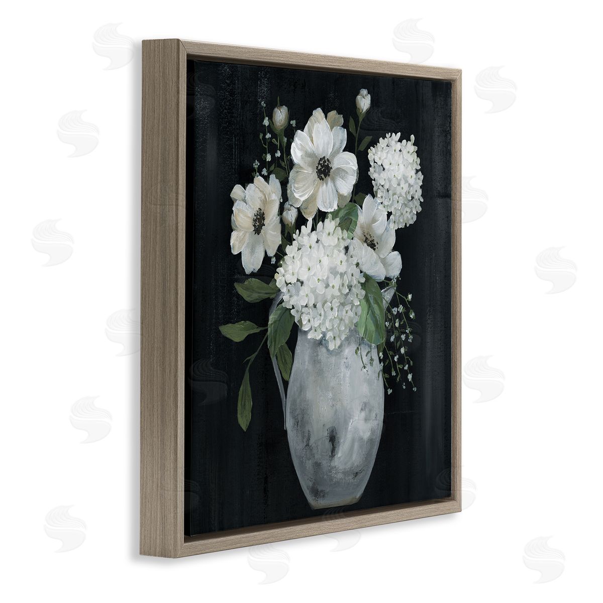 Nan Classic Flower Arrangement White Varied Hanging Petals Brown Floating Frame Canvas Wall Art Print