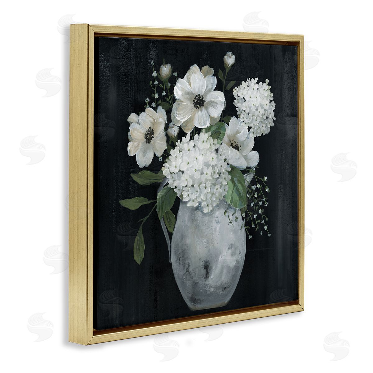 Nan Classic Flower Arrangement White Varied Hanging Petals Gold Floating Frame Canvas Wall Art Print