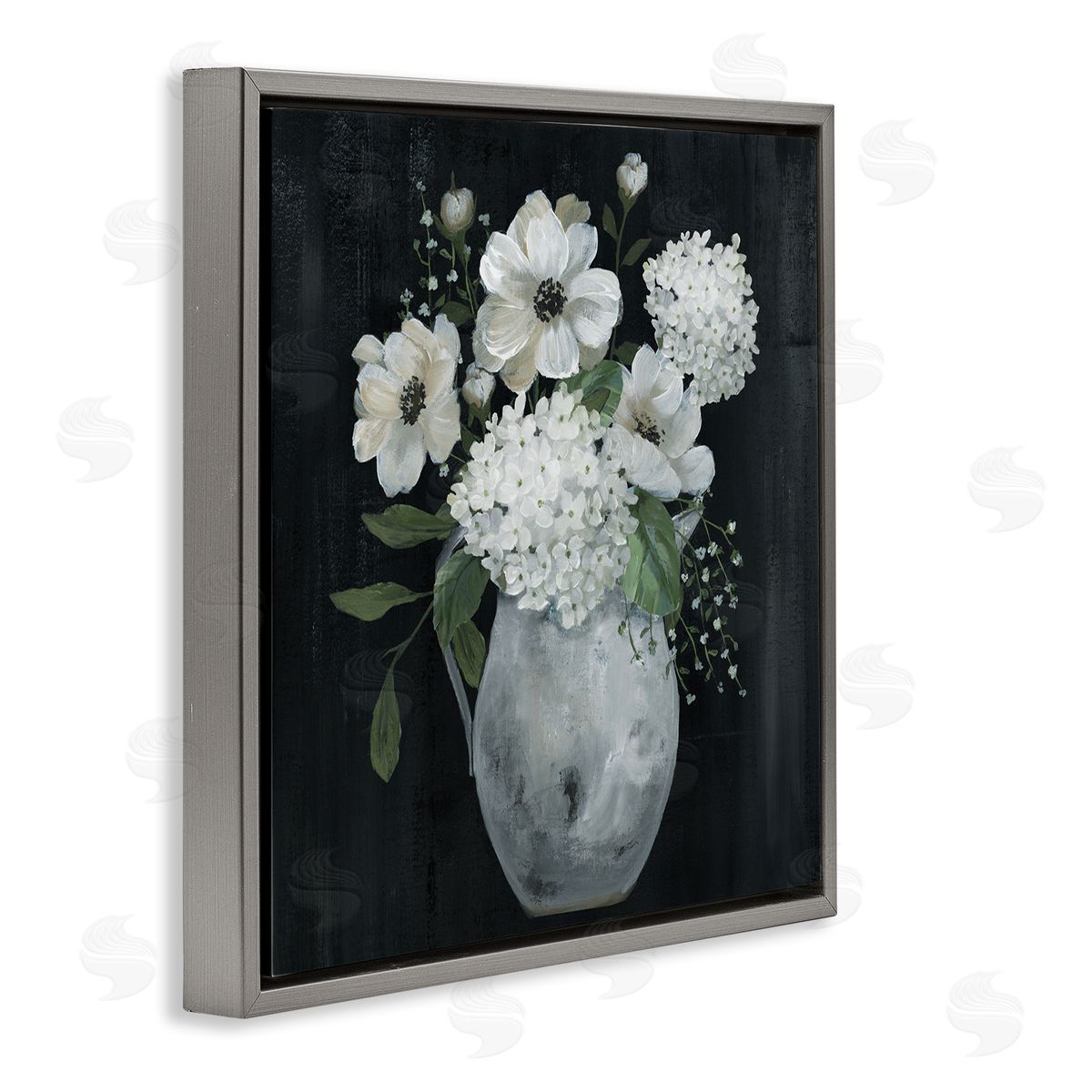 Nan Classic Flower Arrangement White Varied Hanging Petals Gray Floating Frame Canvas Wall Art Print