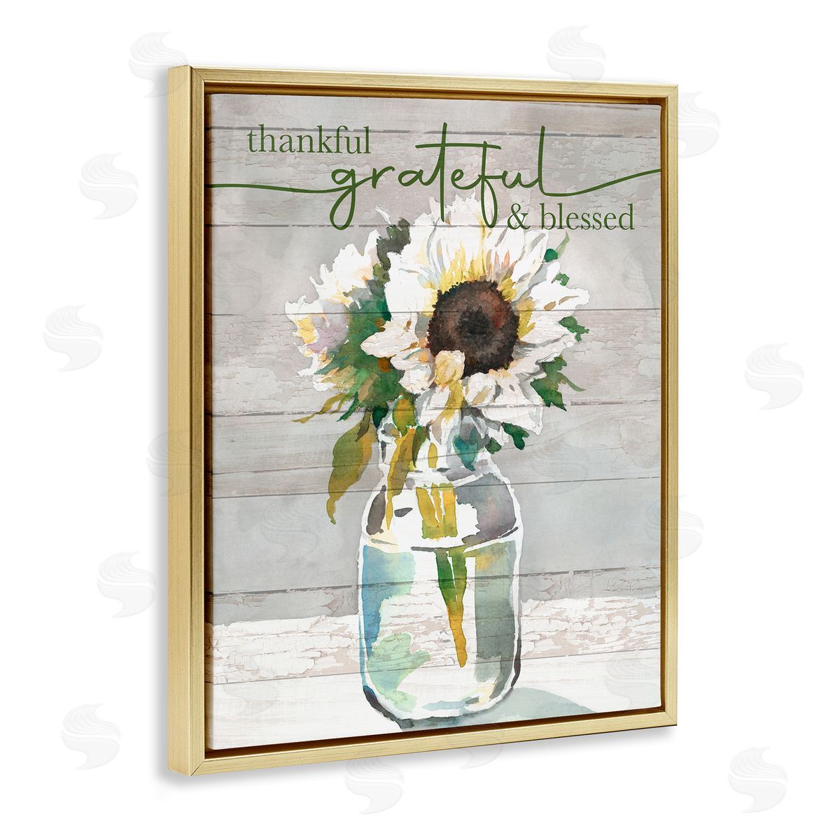 Theresa Troise Heidel Grateful & Blessed Layered Sunflower Country Planked Pattern Gold Floating Frame Canvas Wall Art Print