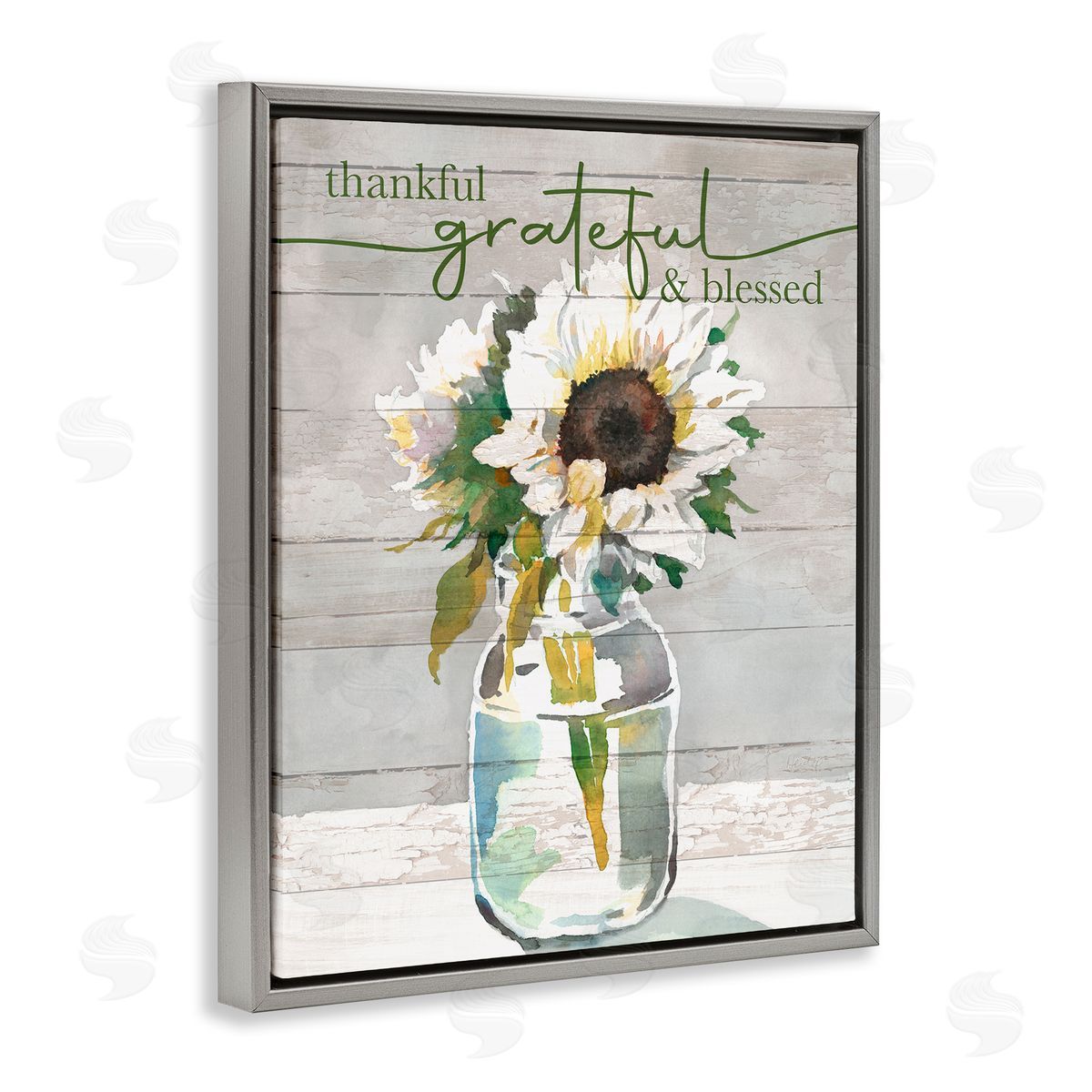 Theresa Troise Heidel Grateful & Blessed Layered Sunflower Country Planked Pattern Gray Floating Frame Canvas Wall Art Print