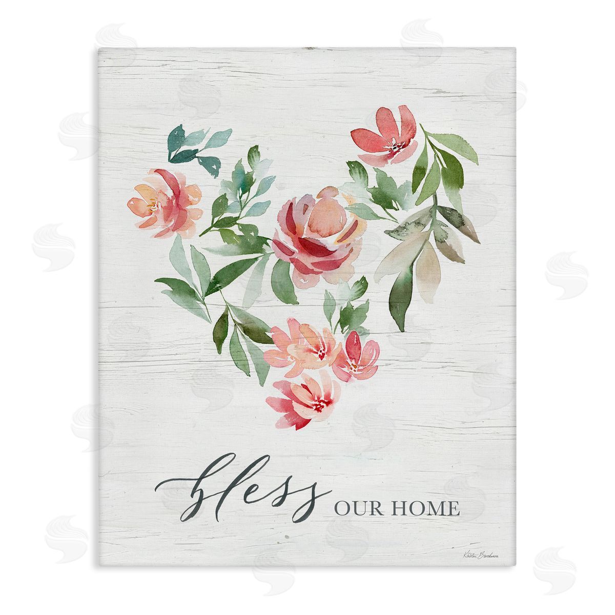 Kristen Brockmon Bless Our Home Grainy Pattern Floral Heart Shape Stretched Canvas Wall Art Print