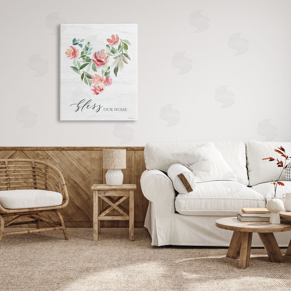 Kristen Brockmon Bless Our Home Grainy Pattern Floral Heart Shape Canvas Wall Art Print in Room