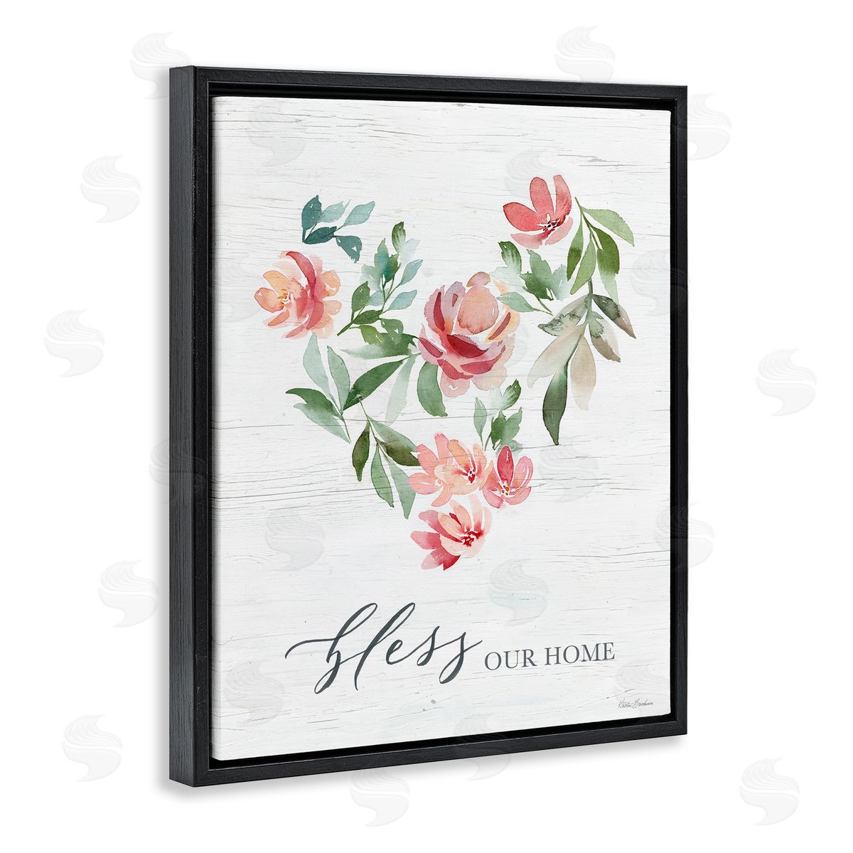 Kristen Brockmon Bless Our Home Grainy Pattern Floral Heart Shape Black Floating Frame Canvas Wall Art Print