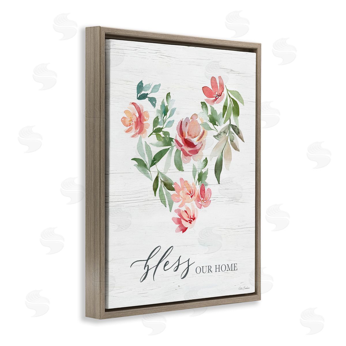 Kristen Brockmon Bless Our Home Grainy Pattern Floral Heart Shape Brown Floating Frame Canvas Wall Art Print
