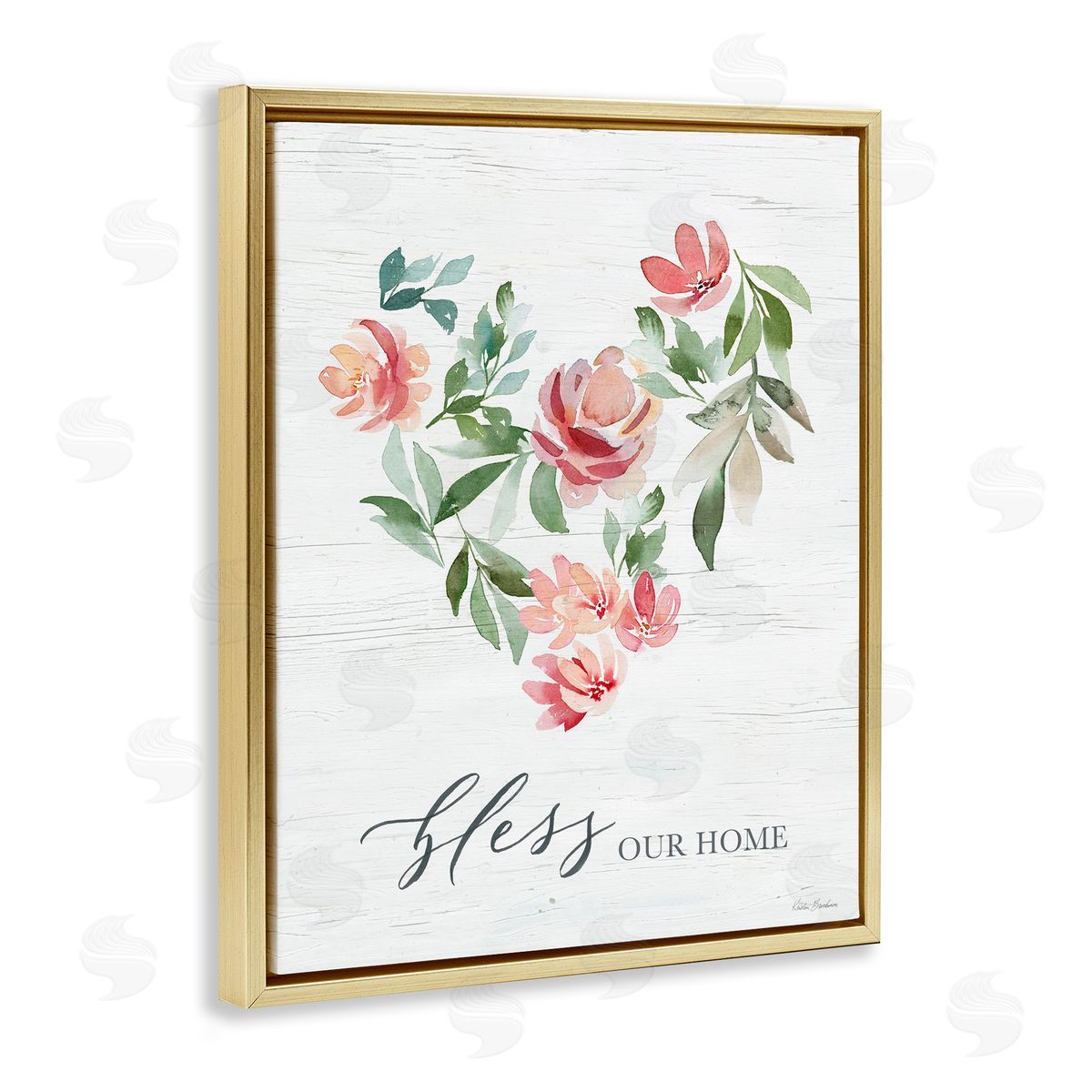 Kristen Brockmon Bless Our Home Grainy Pattern Floral Heart Shape Gold Floating Frame Canvas Wall Art Print
