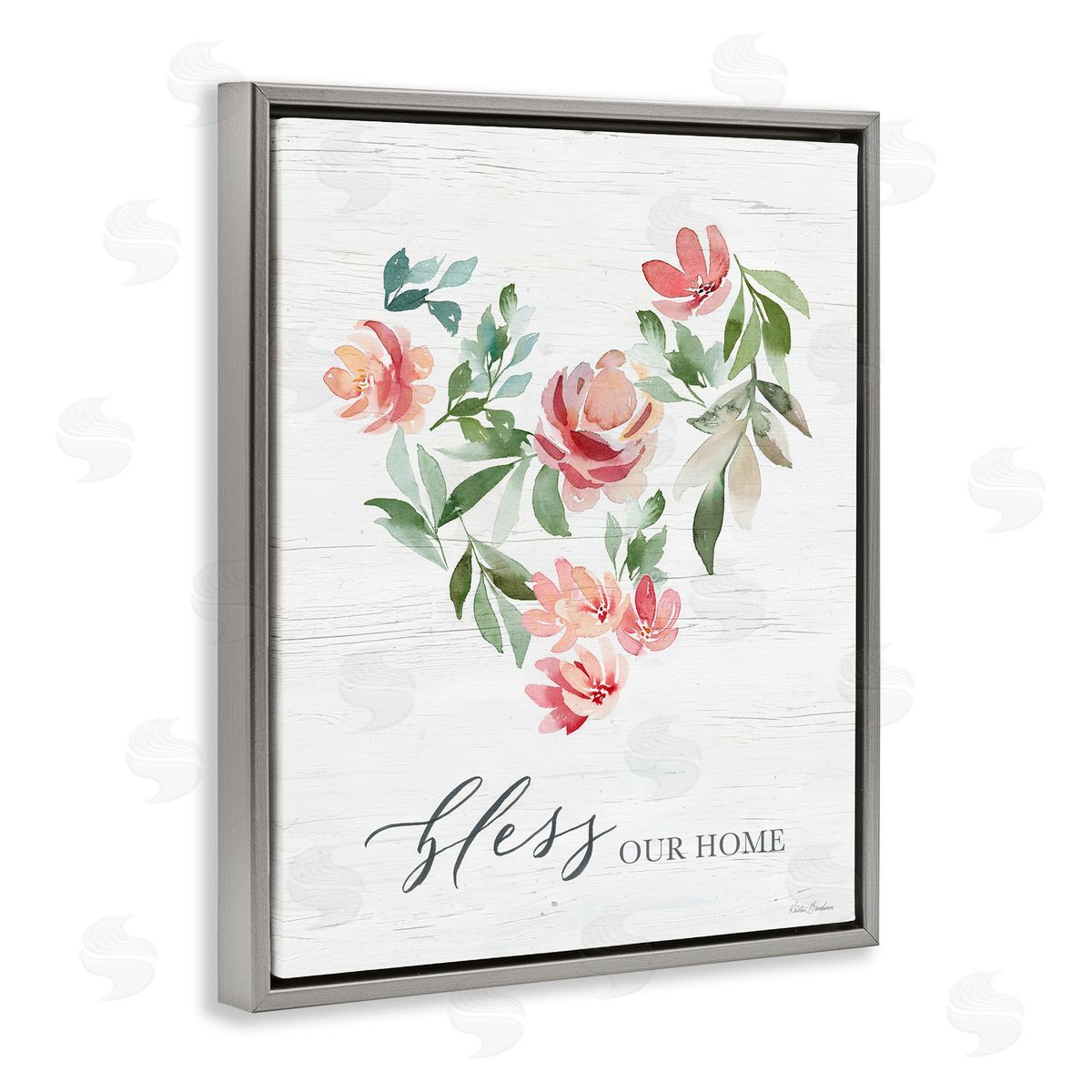 Kristen Brockmon Bless Our Home Grainy Pattern Floral Heart Shape Gray Floating Frame Canvas Wall Art Print