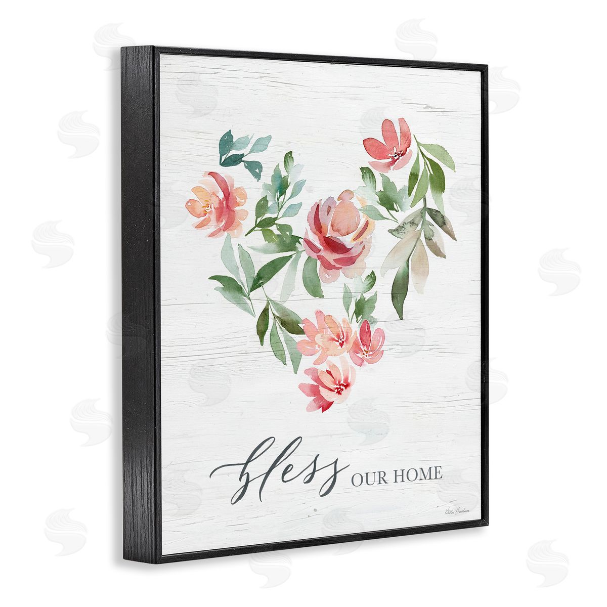 Kristen Brockmon Bless Our Home Grainy Pattern Floral Heart Shape Black Framed Giclee Wall Art Print