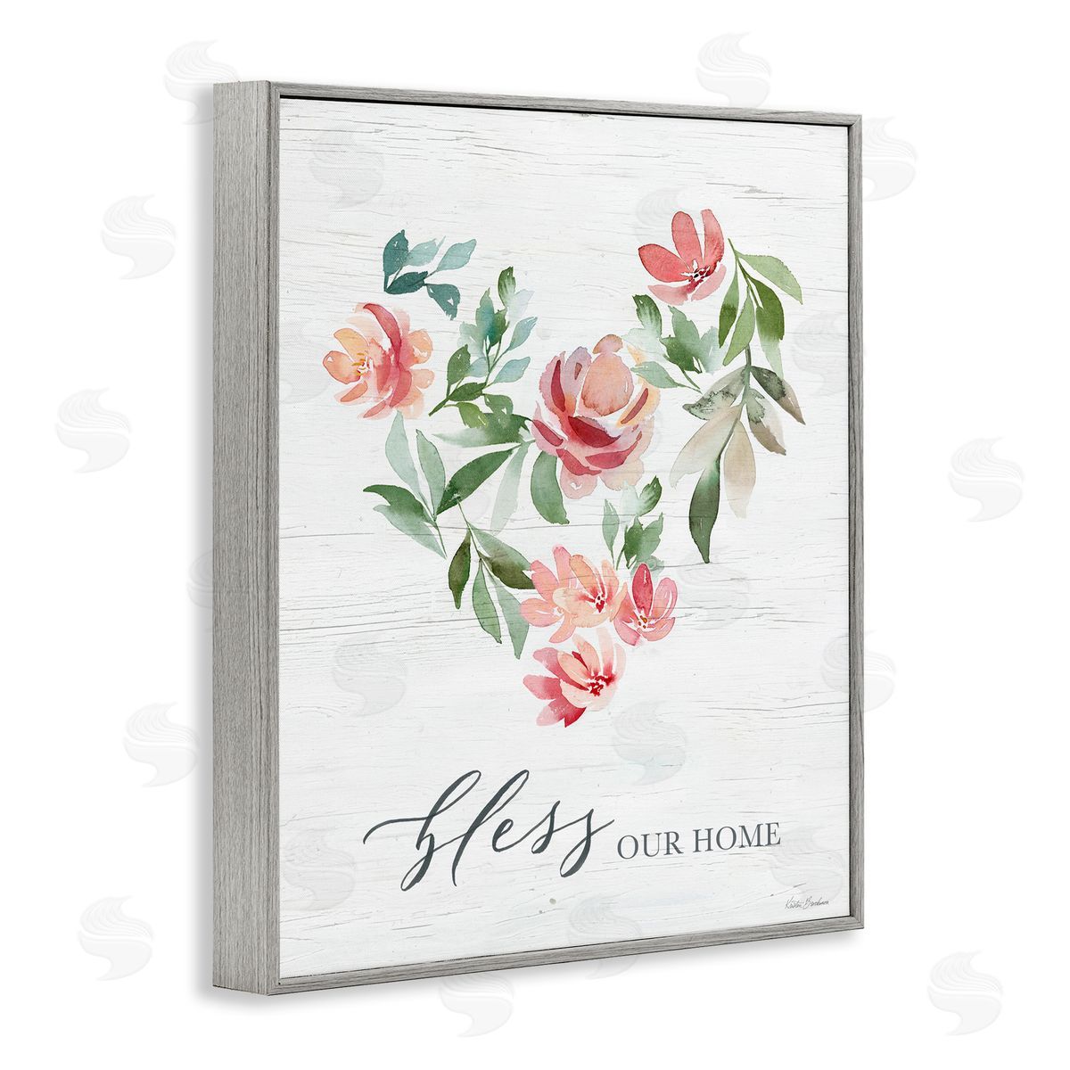 Kristen Brockmon Bless Our Home Grainy Pattern Floral Heart Shape Gray Framed Giclee Wall Art Print