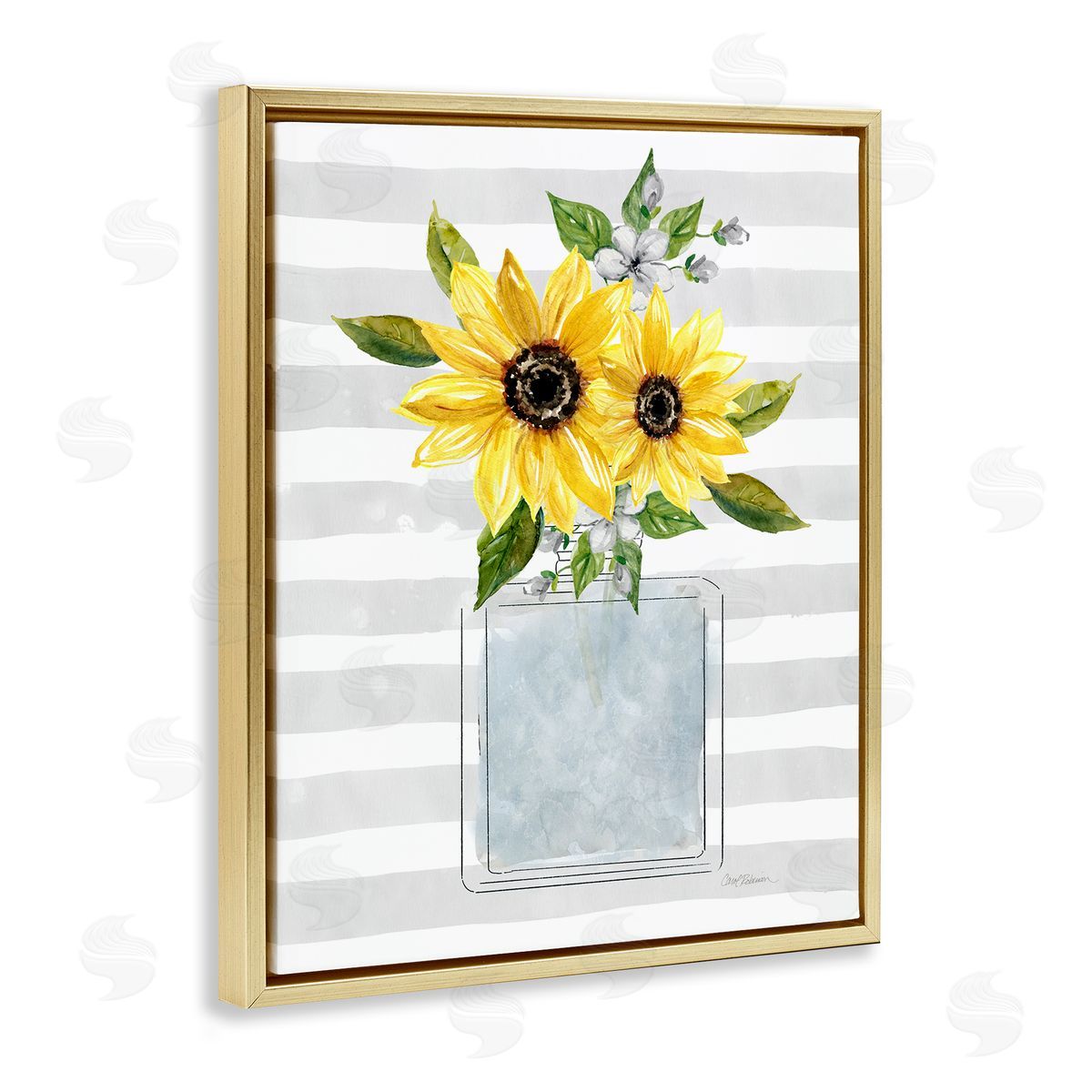Carol Robinson Flower Blossoms Perfume Bottle Vase Casual Stripes Gold Floating Frame Canvas Wall Art Print