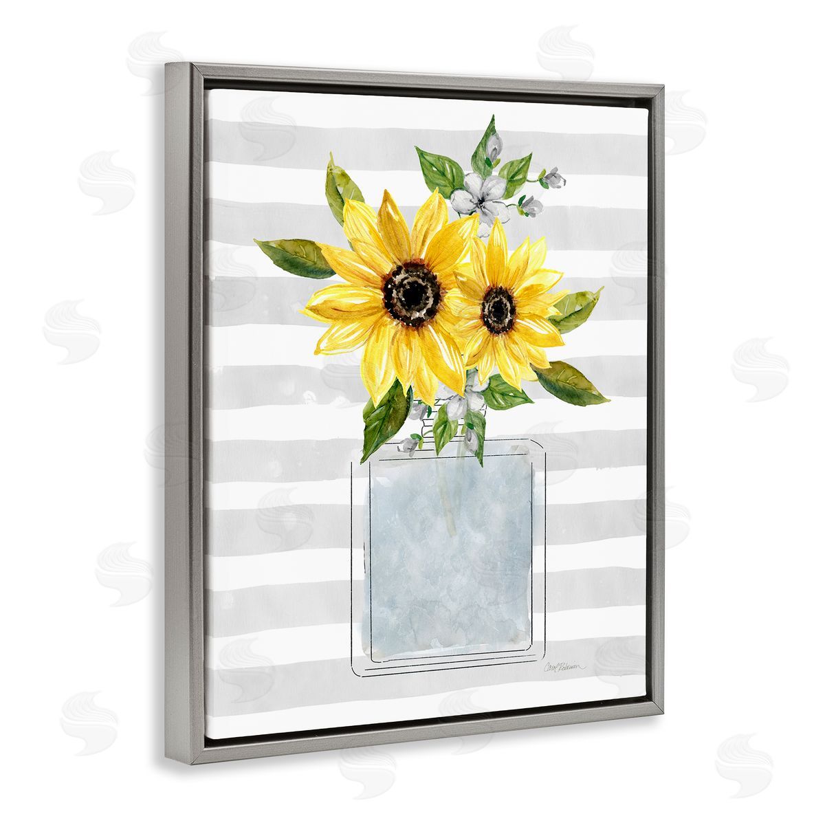 Carol Robinson Flower Blossoms Perfume Bottle Vase Casual Stripes Gray Floating Frame Canvas Wall Art Print