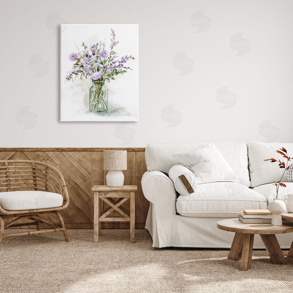 Carol Robinson Dainty Lavender Blooms Arrangement Classic Glass Vase Canvas Wall Art Print in Room