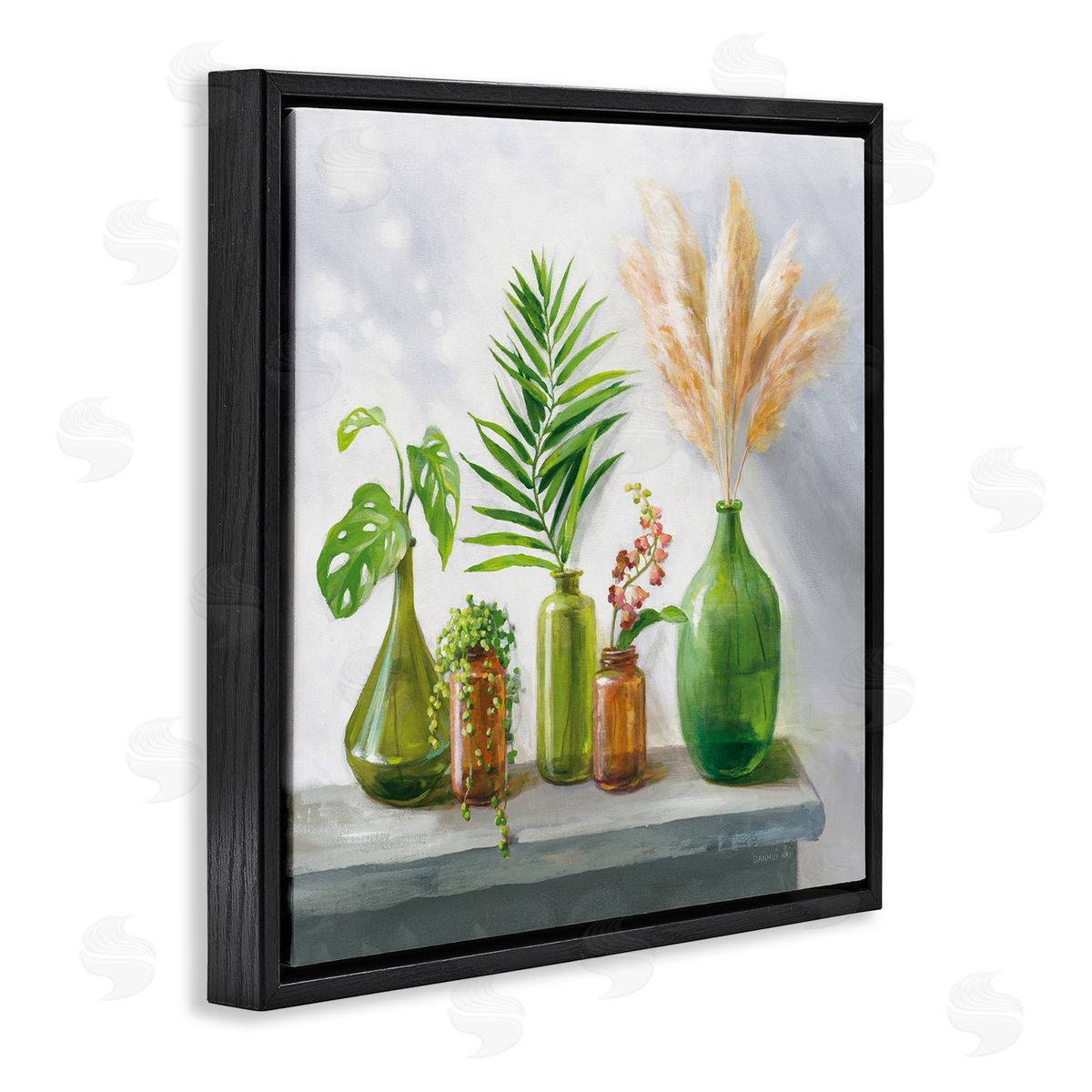 Danhui Nai Varied Ikebana Botanical Leaves Arrangement Still Life  Black Floating Frame Canvas Wall Art Print