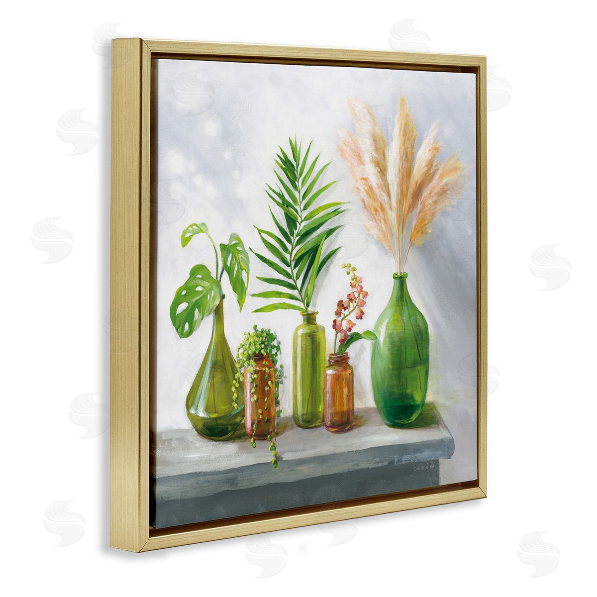 Danhui Nai Varied Ikebana Botanical Leaves Arrangement Still Life  Gold Floating Frame Canvas Wall Art Print