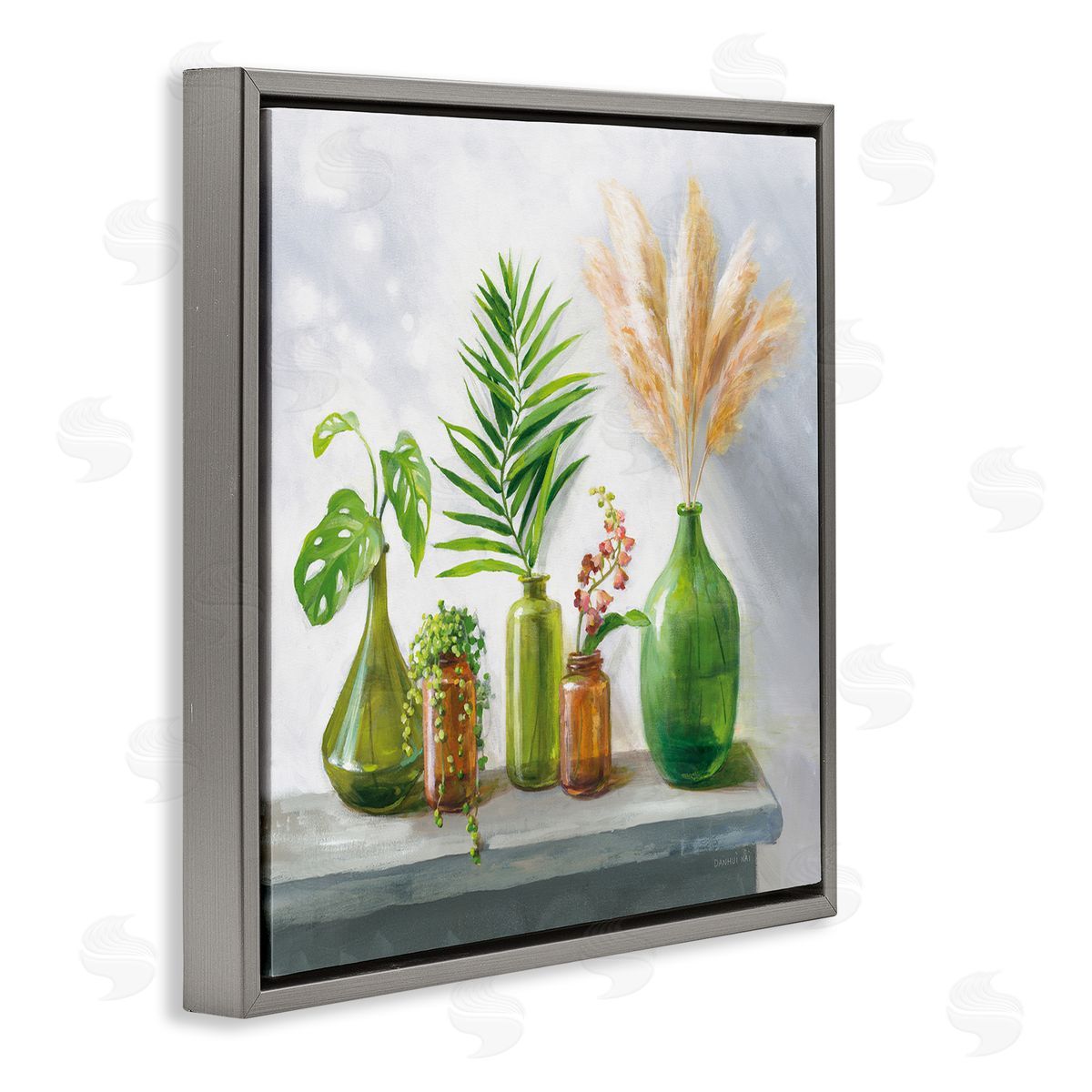 Danhui Nai Varied Ikebana Botanical Leaves Arrangement Still Life  Gray Floating Frame Canvas Wall Art Print