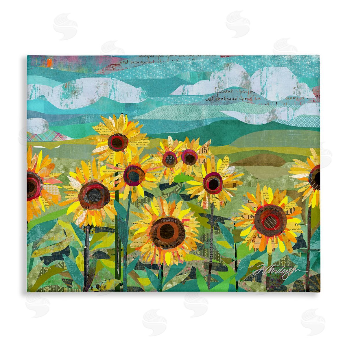 Traci Anderson Collaged Sunflower Field Abstract Layered Ephemera Meadow  Stretched Canvas Wall Art Print