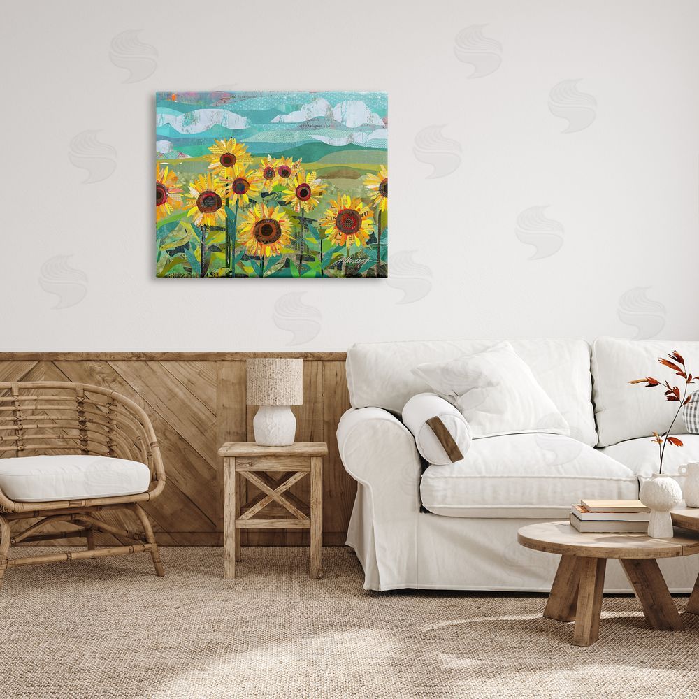 Traci Anderson Collaged Sunflower Field Abstract Layered Ephemera Meadow  Canvas Wall Art Print in Room