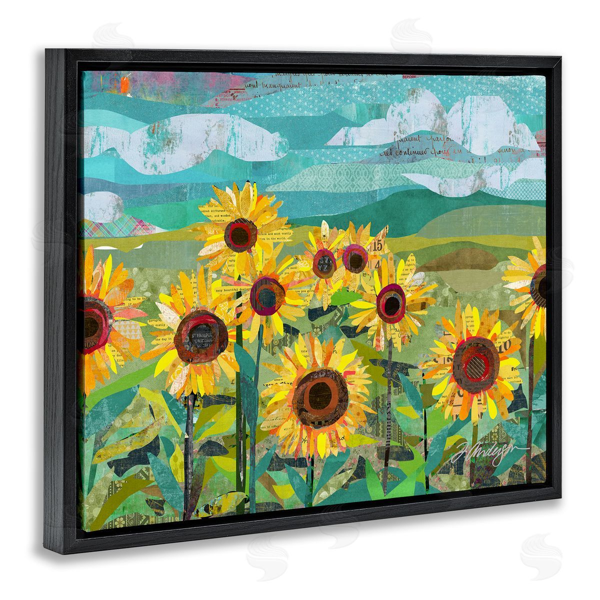 Traci Anderson Collaged Sunflower Field Abstract Layered Ephemera Meadow  Black Floating Frame Canvas Wall Art Print