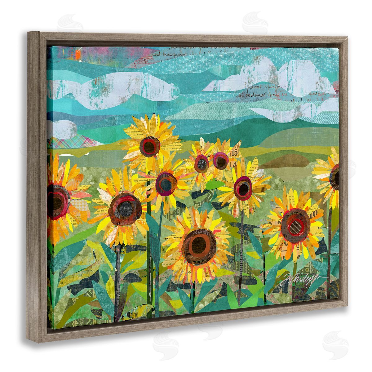 Traci Anderson Collaged Sunflower Field Abstract Layered Ephemera Meadow  Brown Floating Frame Canvas Wall Art Print