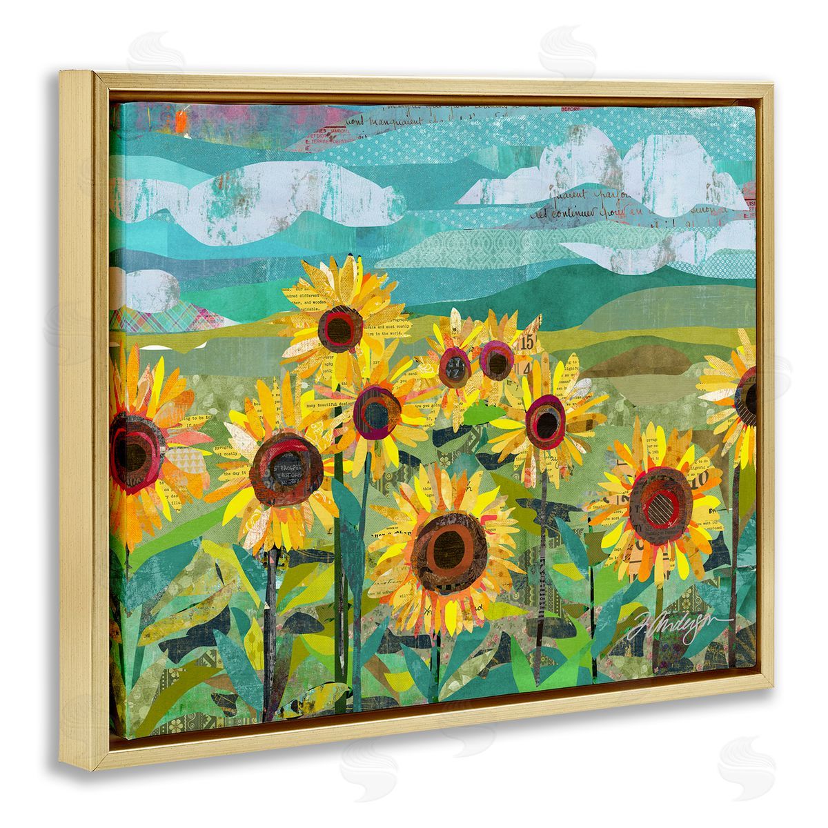 Traci Anderson Collaged Sunflower Field Abstract Layered Ephemera Meadow  Gold Floating Frame Canvas Wall Art Print