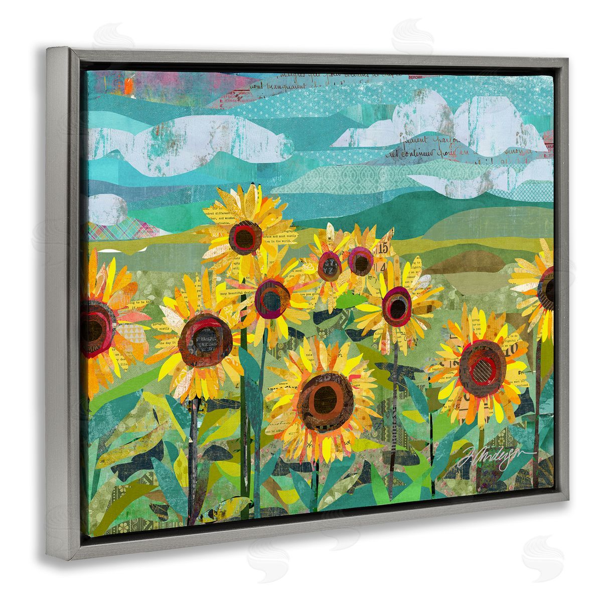 Traci Anderson Collaged Sunflower Field Abstract Layered Ephemera Meadow  Gray Floating Frame Canvas Wall Art Print