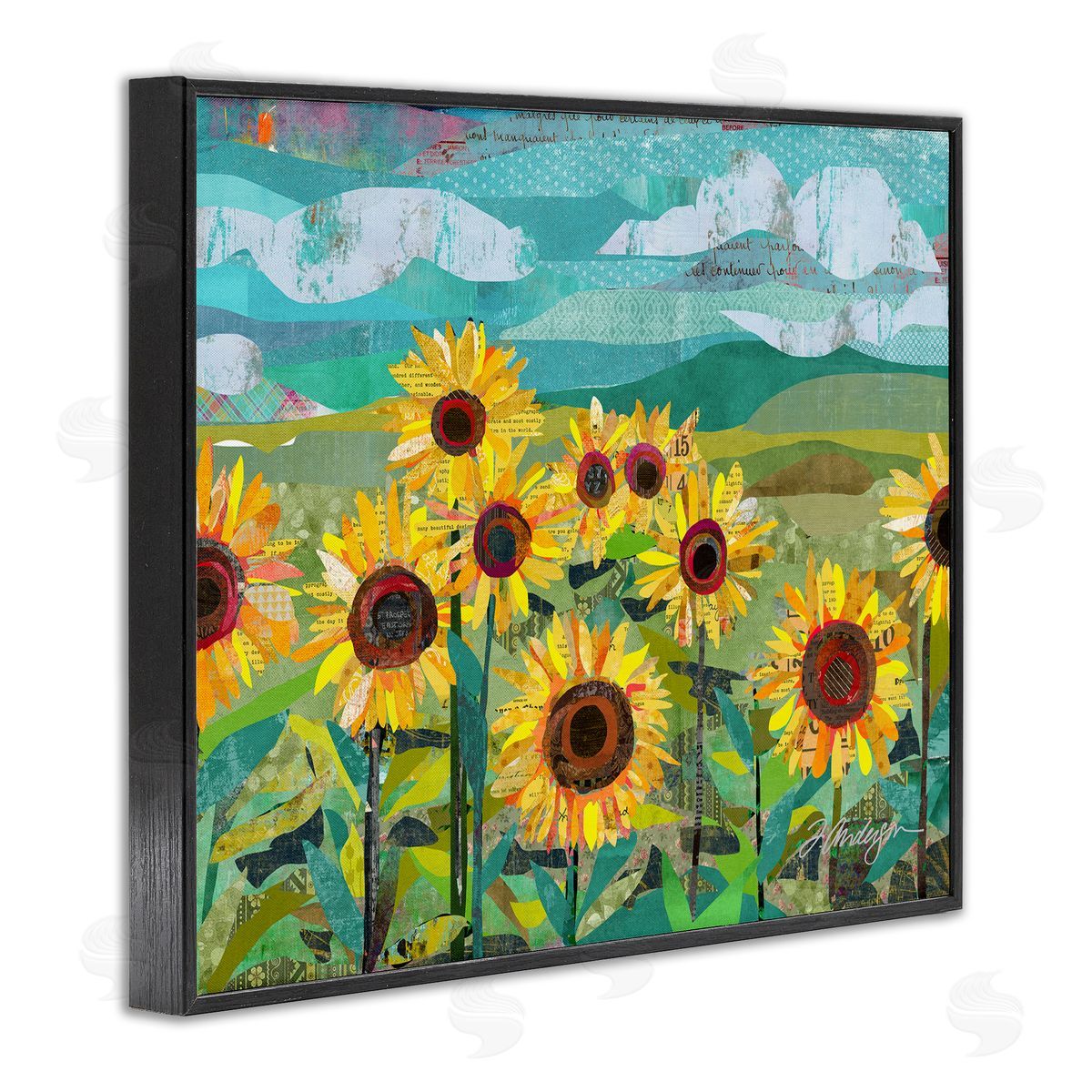 Traci Anderson Collaged Sunflower Field Abstract Layered Ephemera Meadow  Black Framed Giclee Wall Art Print