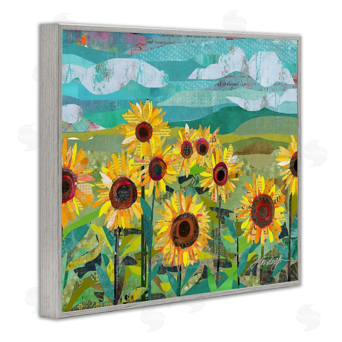 Traci Anderson Collaged Sunflower Field Abstract Layered Ephemera Meadow  Gray Framed Giclee Wall Art Print