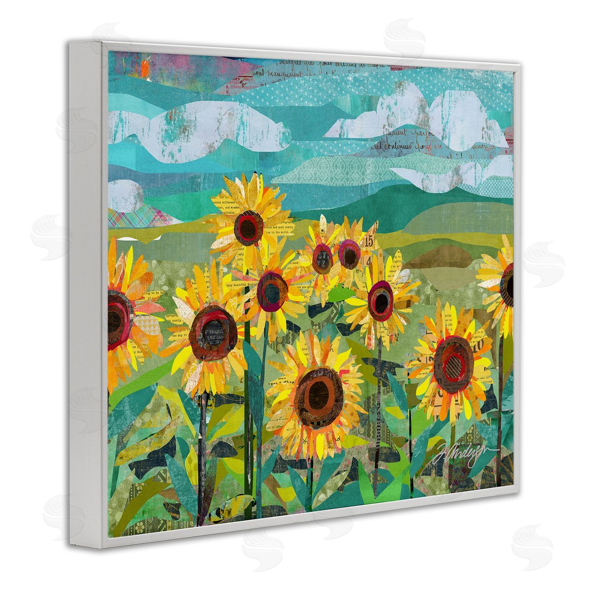 Traci Anderson Collaged Sunflower Field Abstract Layered Ephemera Meadow  White Framed Giclee Wall Art Print