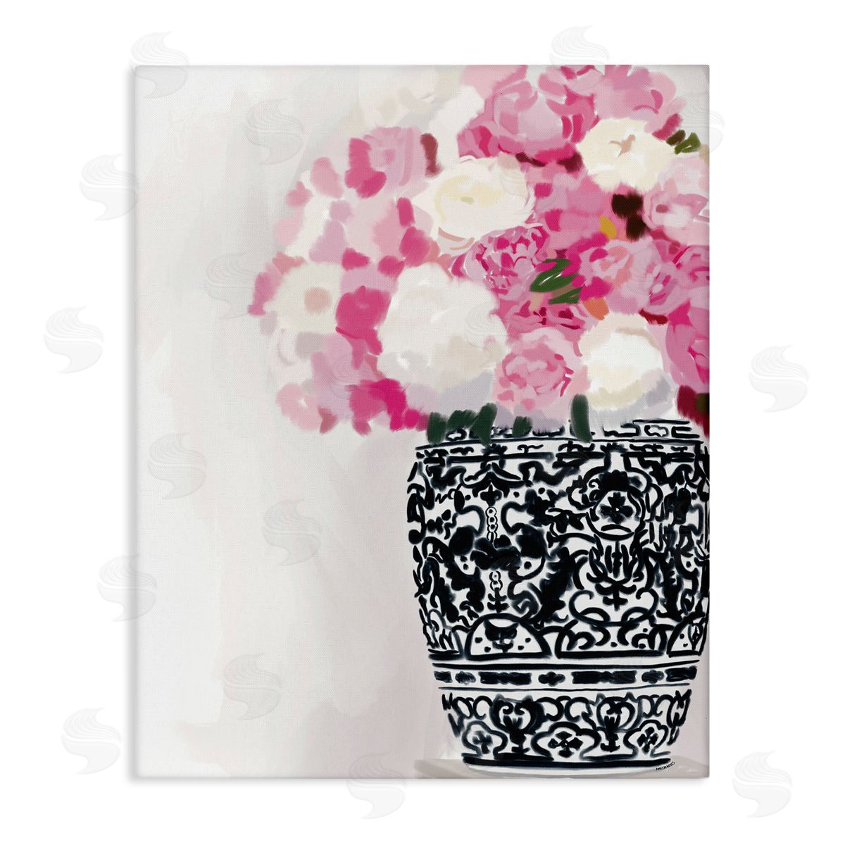 Amelia Noyes Soft Pink Carnation Blooms Ornate Pattern Pottery Vase  Stretched Canvas Wall Art Print