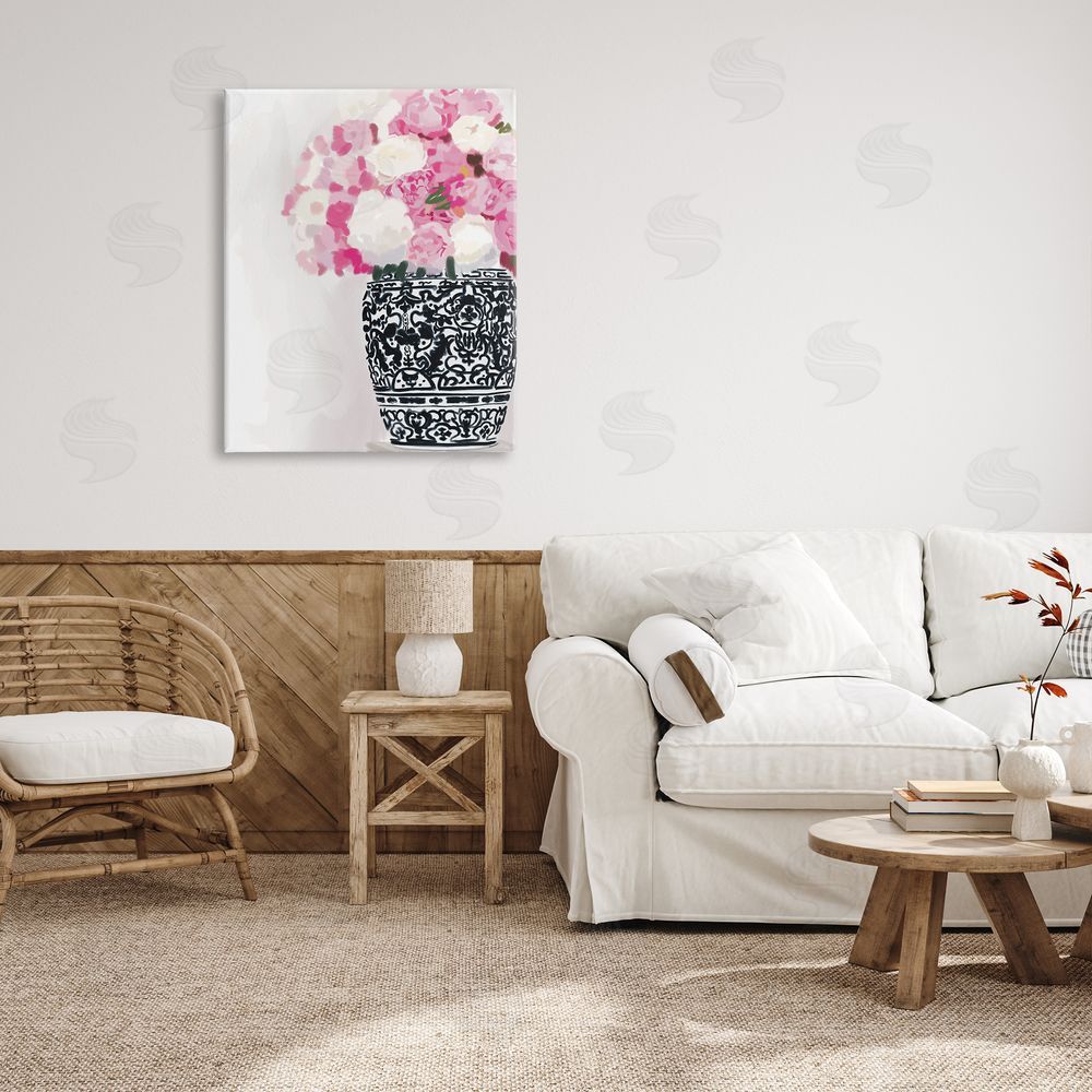 Amelia Noyes Soft Pink Carnation Blooms Ornate Pattern Pottery Vase  Canvas Wall Art Print in Room