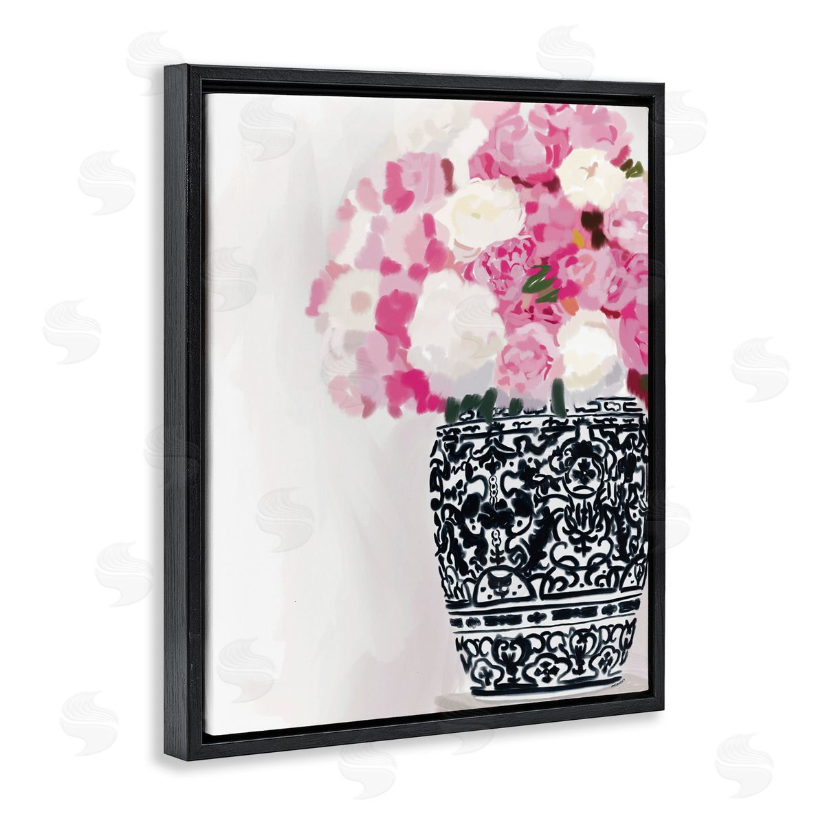 Amelia Noyes Soft Pink Carnation Blooms Ornate Pattern Pottery Vase  Black Floating Frame Canvas Wall Art Print