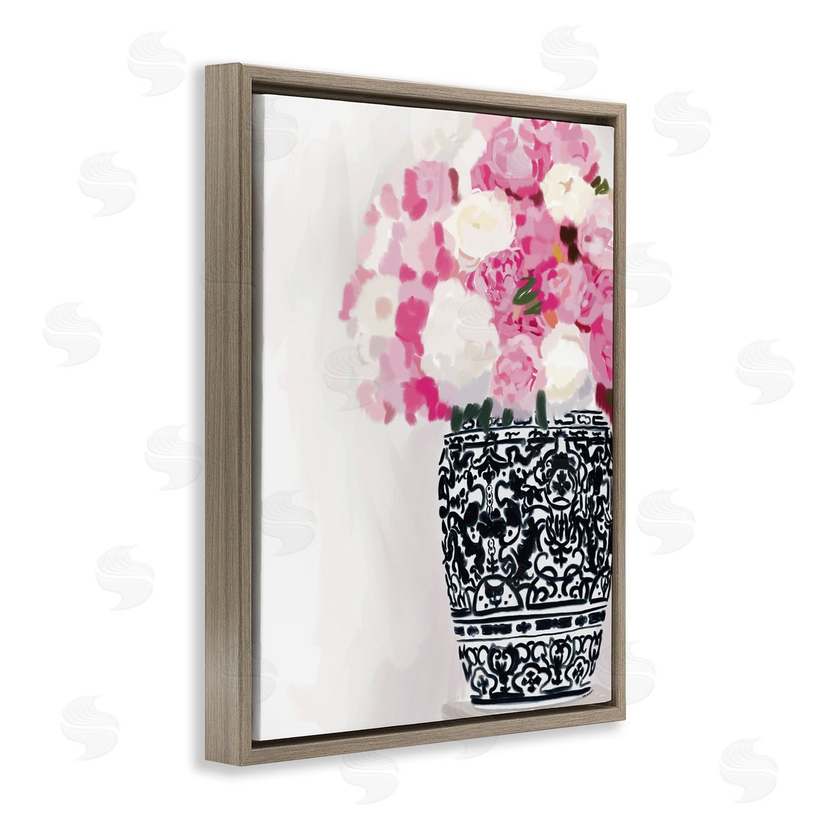 Amelia Noyes Soft Pink Carnation Blooms Ornate Pattern Pottery Vase  Brown Floating Frame Canvas Wall Art Print