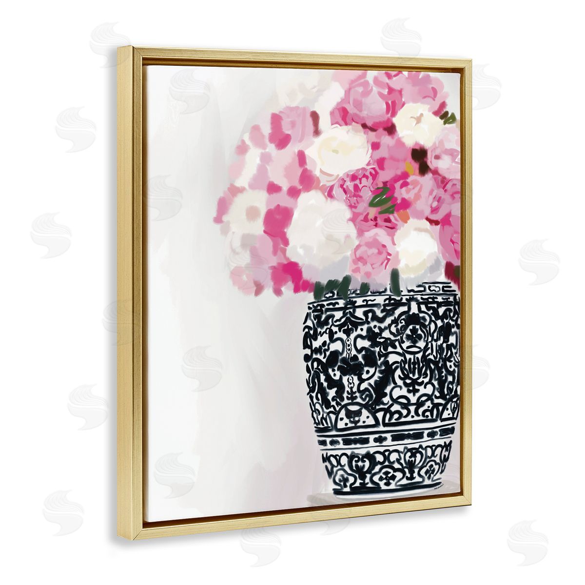 Amelia Noyes Soft Pink Carnation Blooms Ornate Pattern Pottery Vase  Gold Floating Frame Canvas Wall Art Print