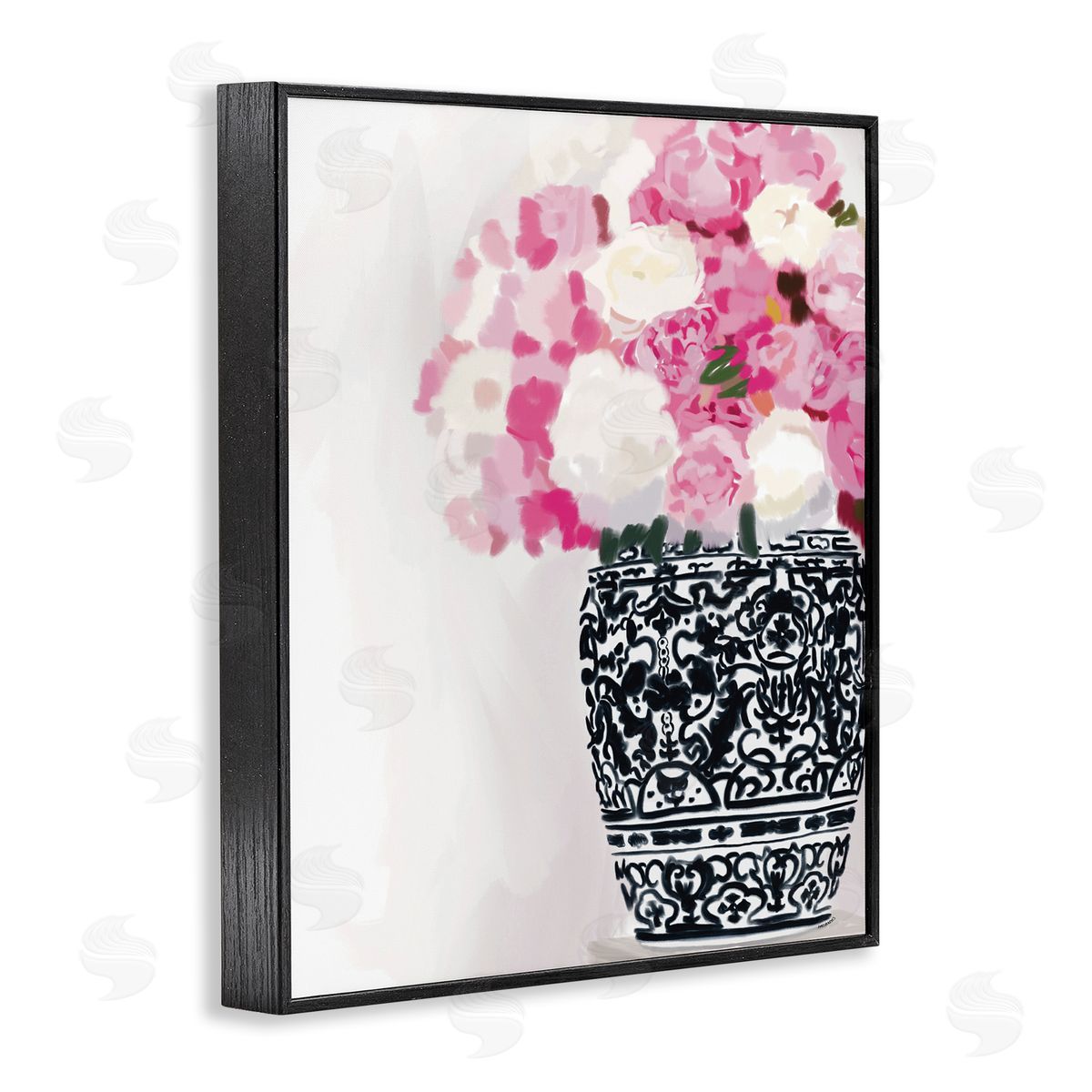 Amelia Noyes Soft Pink Carnation Blooms Ornate Pattern Pottery Vase  Black Framed Giclee Wall Art Print