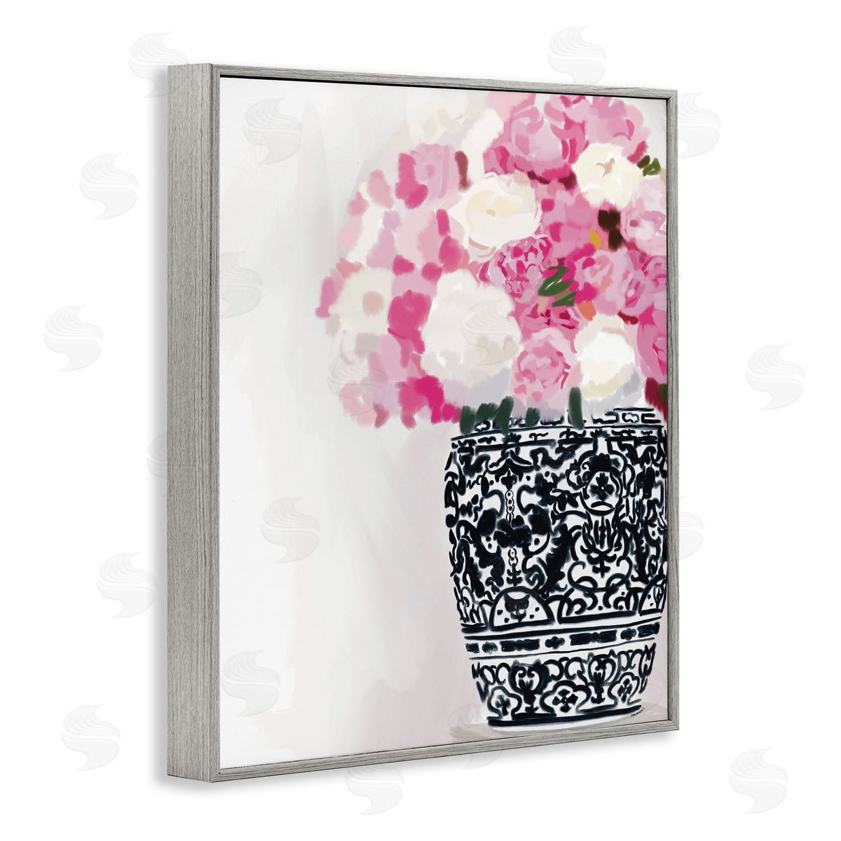 Amelia Noyes Soft Pink Carnation Blooms Ornate Pattern Pottery Vase  Gray Framed Giclee Wall Art Print