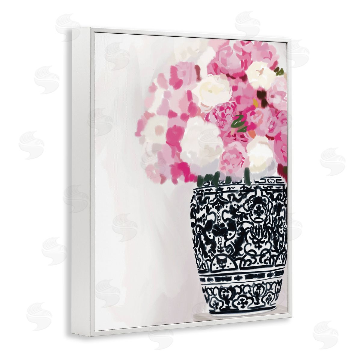 Amelia Noyes Soft Pink Carnation Blooms Ornate Pattern Pottery Vase  White Framed Giclee Wall Art Print