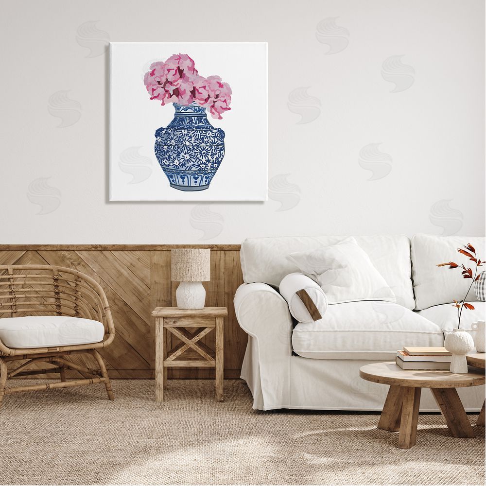 Amelia Noyes Modern Floral Ikebana Arrangement Ornate Blue Vase Canvas Wall Art in Room
