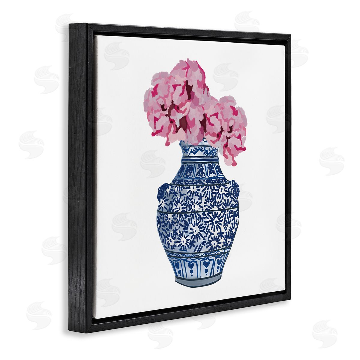 Amelia Noyes Modern Floral Ikebana Arrangement Ornate Blue Vase Black Floating Frame Canvas Wall Art Print