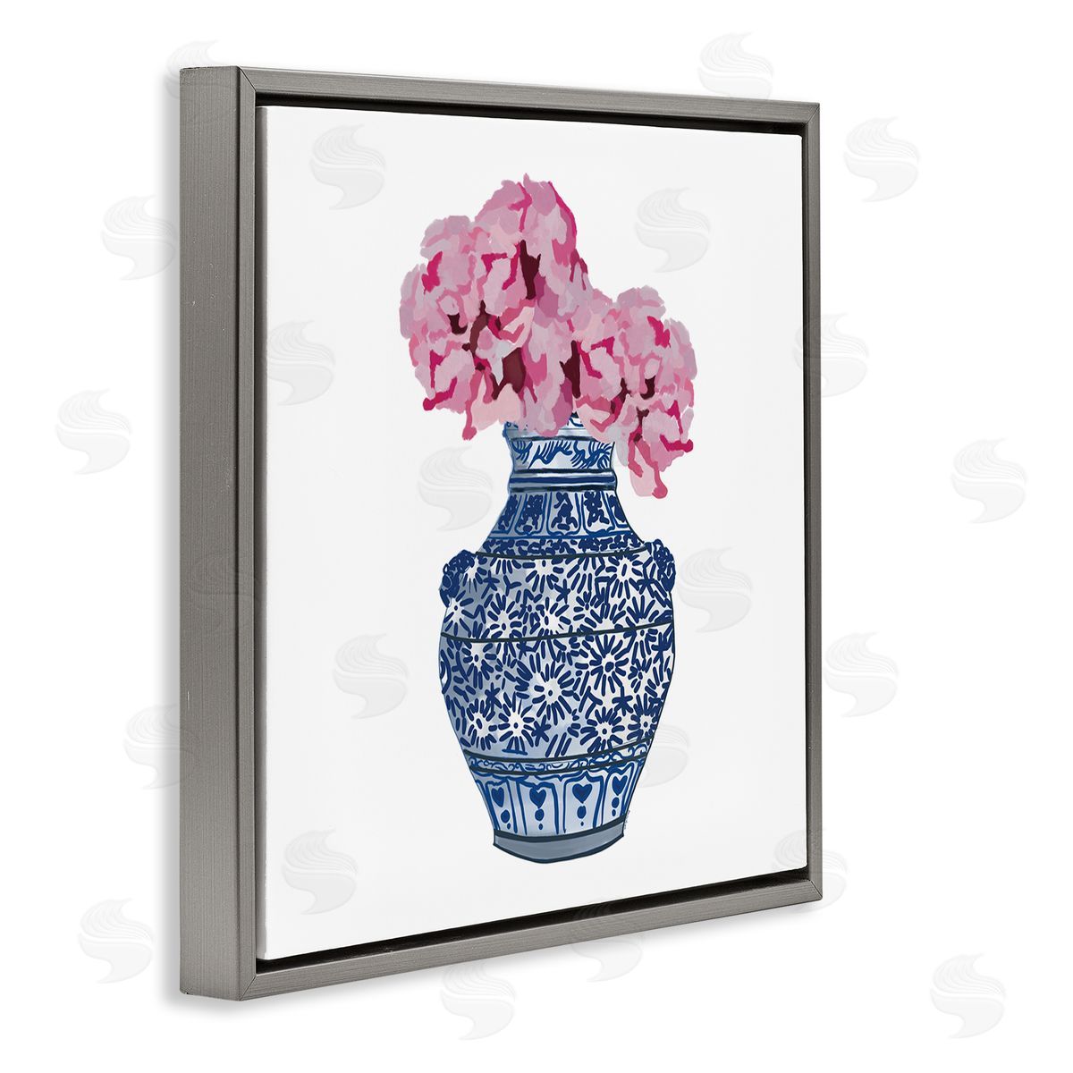 Amelia Noyes Modern Floral Ikebana Arrangement Ornate Blue Vase Gray Floating Frame Canvas Wall Art Print