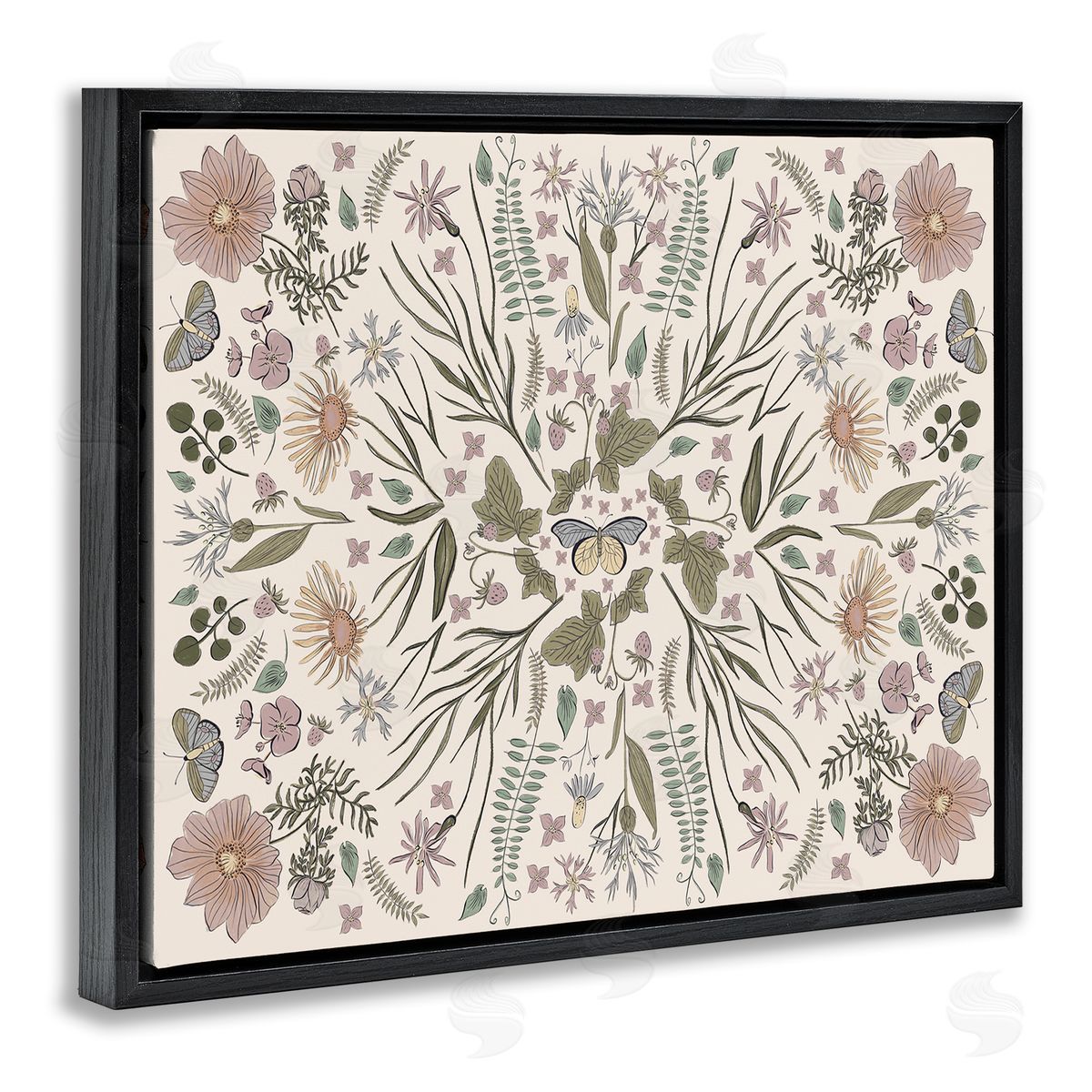 Birgit Maria Kiennast Delicate Botanical Pattern Intricate Butterfly Insects Black Floating Frame Canvas Wall Art Print