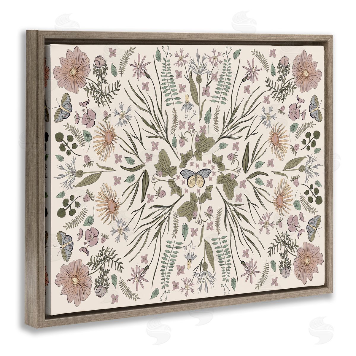 Birgit Maria Kiennast Delicate Botanical Pattern Intricate Butterfly Insects Brown Floating Frame Canvas Wall Art Print