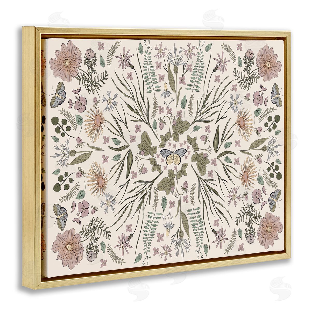 Birgit Maria Kiennast Delicate Botanical Pattern Intricate Butterfly Insects Gold Floating Frame Canvas Wall Art Print