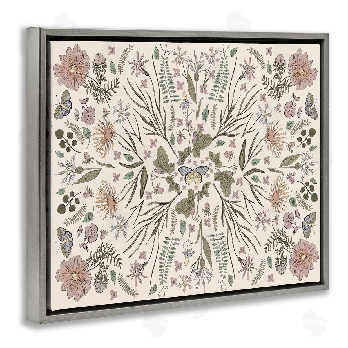 Birgit Maria Kiennast Delicate Botanical Pattern Intricate Butterfly Insects Gray Floating Frame Canvas Wall Art Print