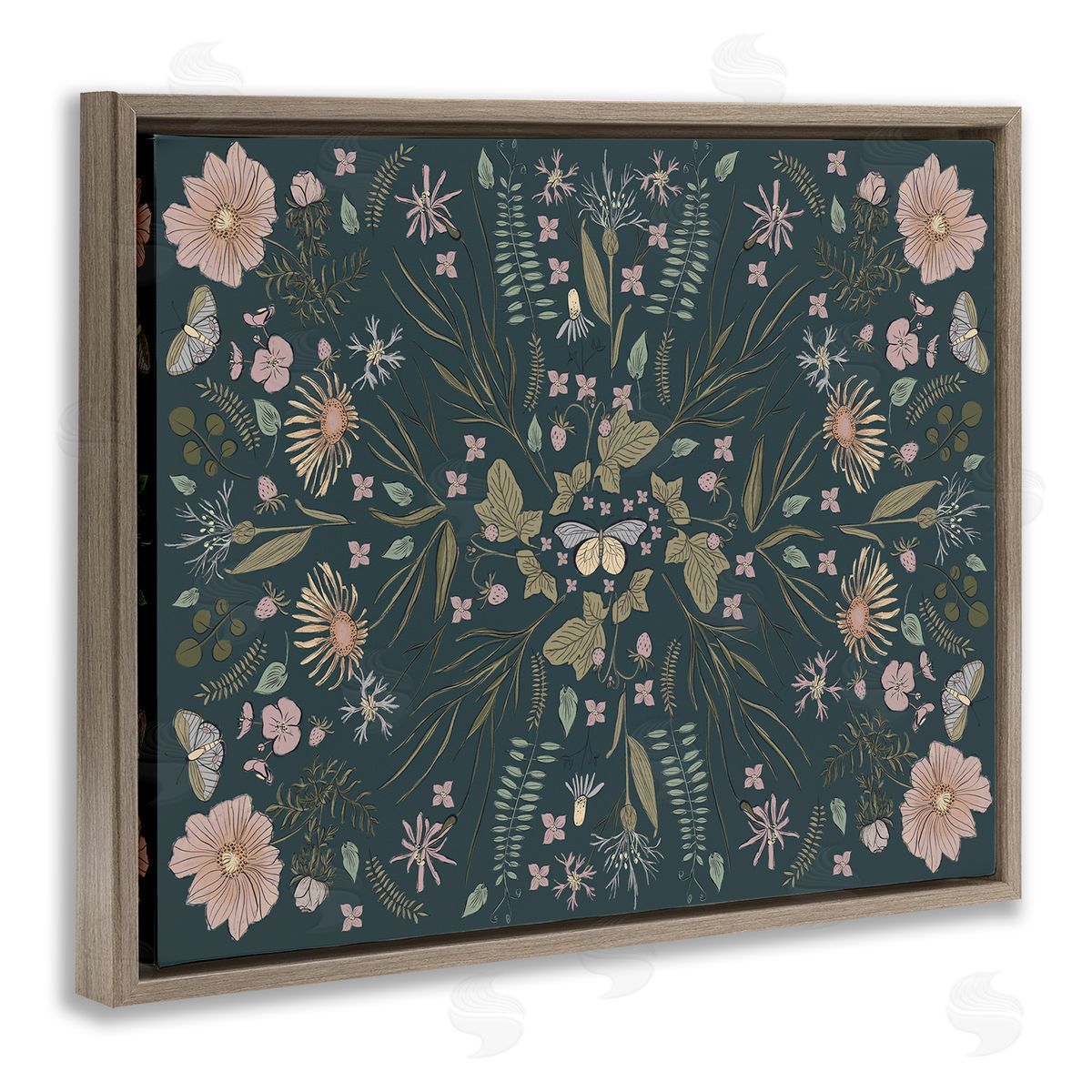 Birgit Maria Kiennast Varied Floral Botanical Pattern Butterfly Insect  Brown Floating Frame Canvas Wall Art Print