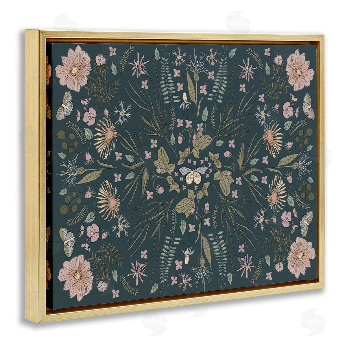 Birgit Maria Kiennast Varied Floral Botanical Pattern Butterfly Insect  Gold Floating Frame Canvas Wall Art Print